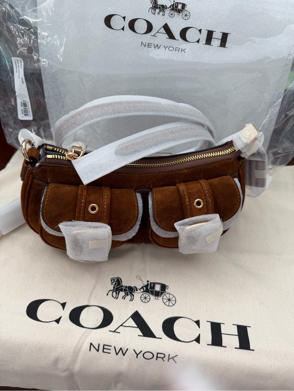 Coach New Fall Y2K Brown Suede Shoulder Bag Gold Hardware Baguette Sexy Bar Bag - Picture 10 of 12